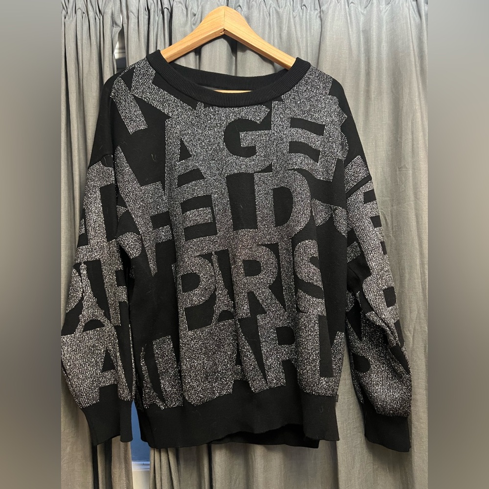 Karl Lagerfeld Black and Silver Graphic Crewneck Sweater